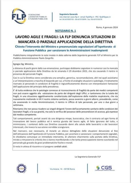 Lettera inviata a Zangrillo sul mancato rispetto della sua direttiva sui lavoratori fragili